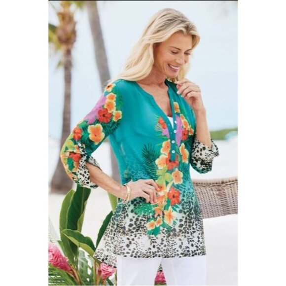 Soft Surroundings Womens Small Floral Animal Print Blouse Tunic Top Sheer Shirt - Picture 5 of 13